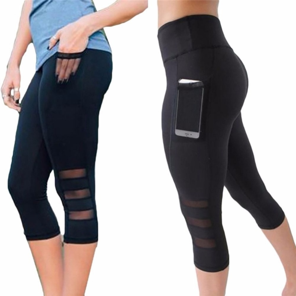 Women's Black Mesh 3/4 Calf-length Gym Yoga Pant